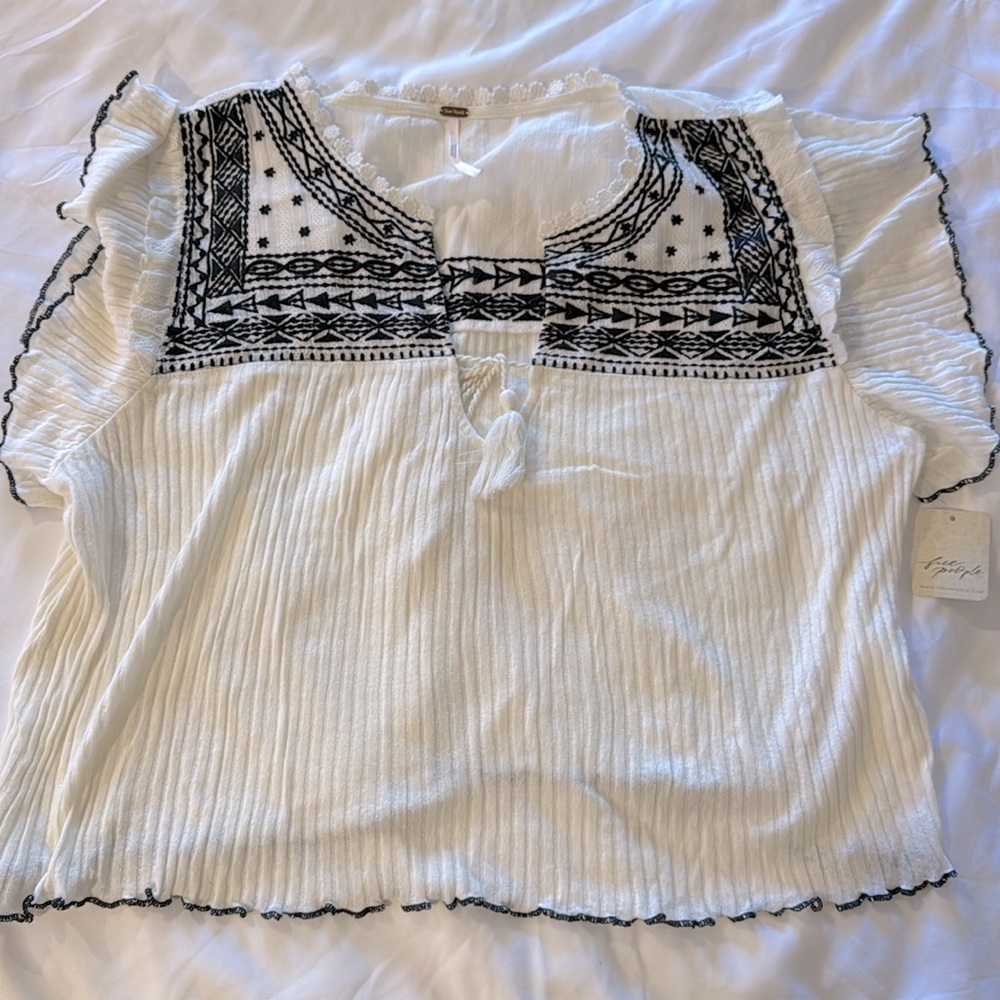 Free People Sarafina Short Sleeve Top in Ivory Combo, Size L NWT
